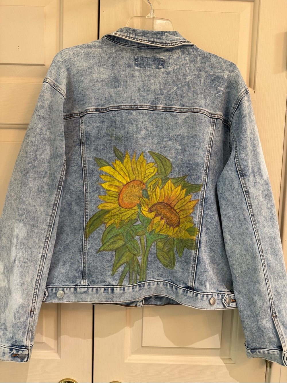 UPCYCLE- Light Blue Denim Jacket with Custom Hand-Painted Yellow Sunflowers